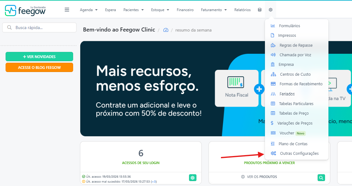 Menu suspenso do Feegow com a opção Outras Configurações destacada