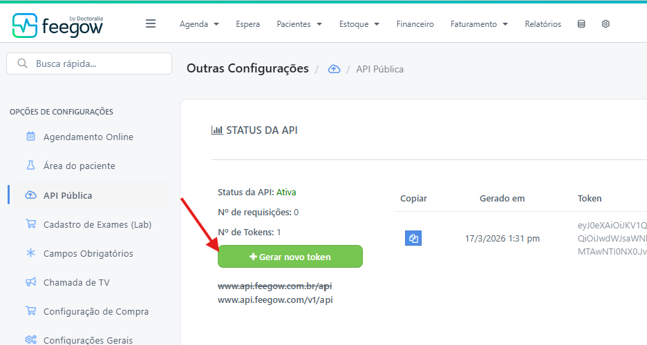 Botão + Gerar novo token na tela de API Pública do Feegow