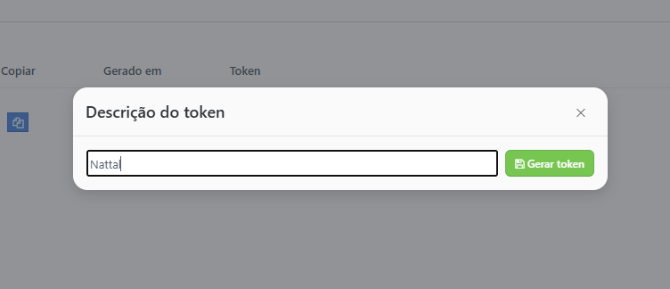 Modal de descrição do token com o texto Nattal digitado