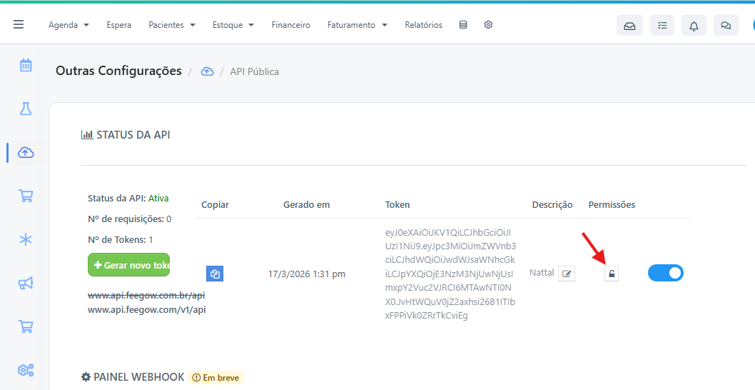 Ícone de cadeado na coluna de permissões do token gerado no Feegow