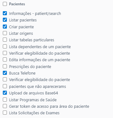 Lista de permissões da seção Pacientes com os itens necessários marcados