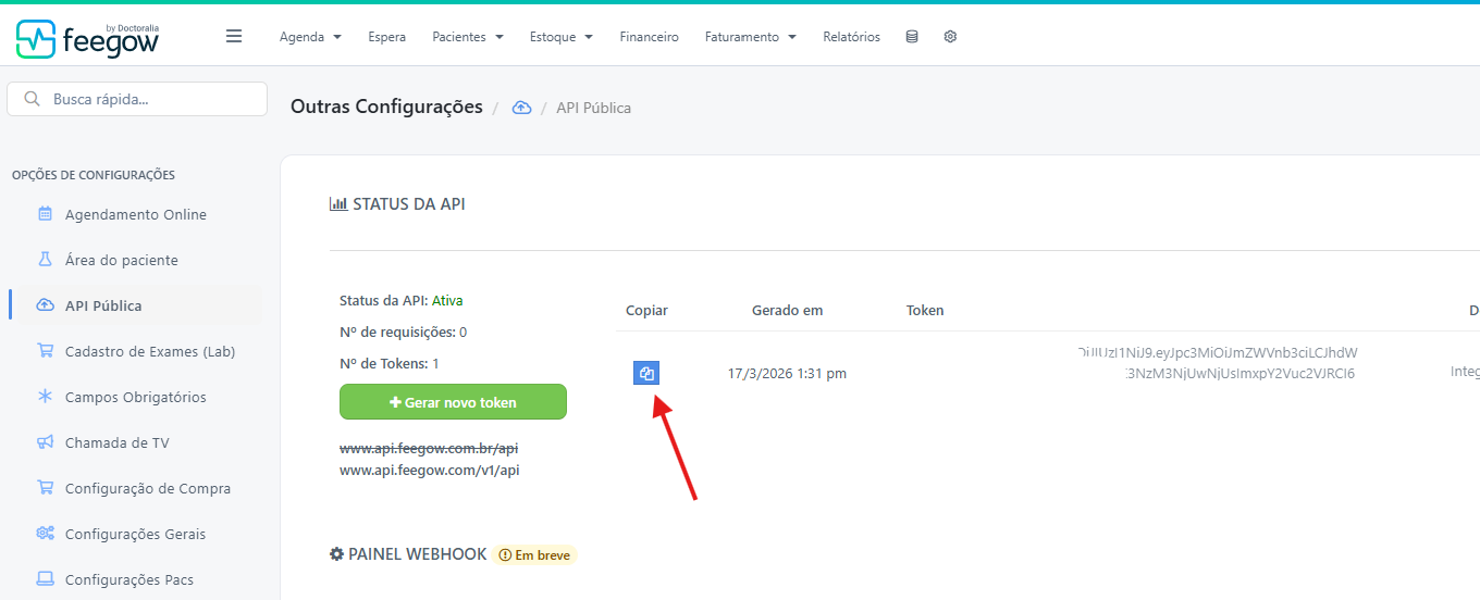 Botão de copiar o token de API do Feegow